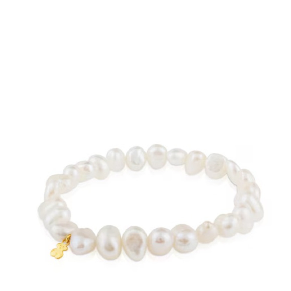 TOUS Gold Sweet Dolls Pearl Stretch Bracelet in White with 18kt Gold Bear